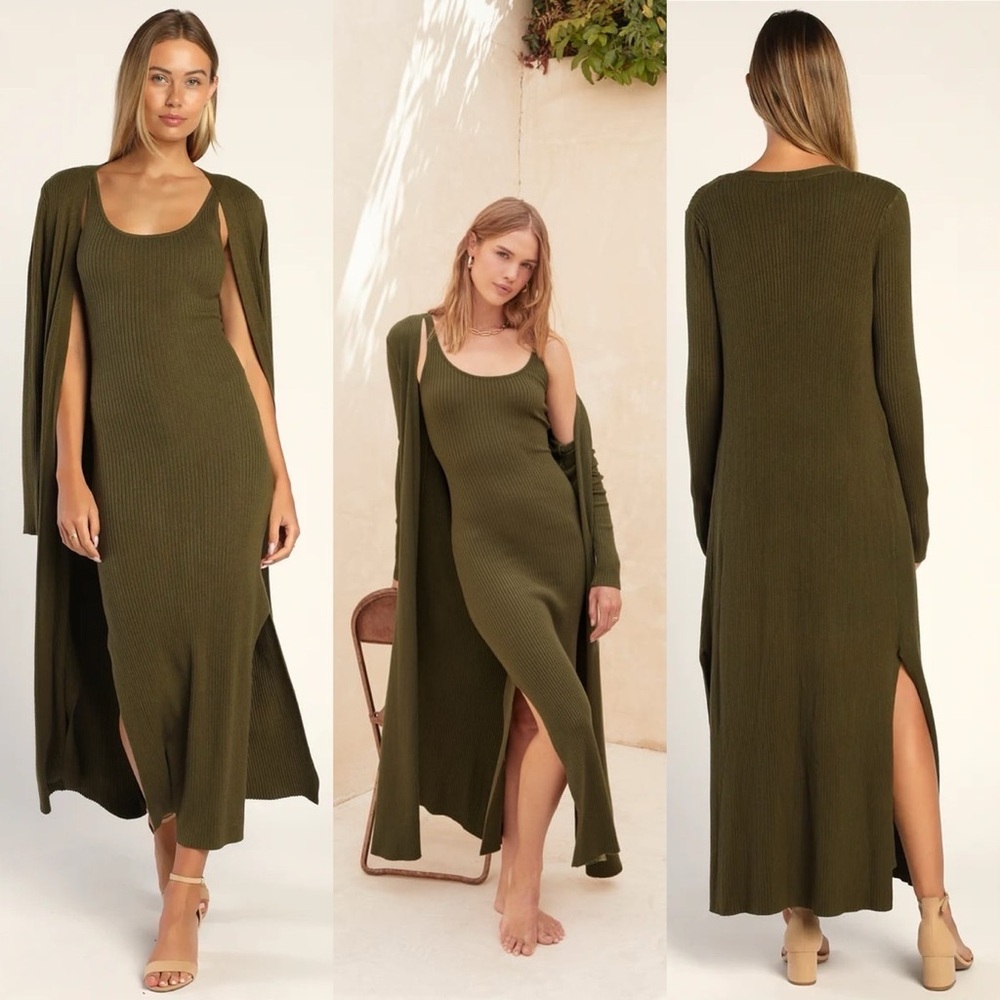 Olive Ribbed Knit Two-Piece Dress & Cardigan Set